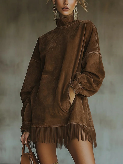 Acid Wash Fringe Hem Oversized Sweatshirt Mini Dress in Army Olive