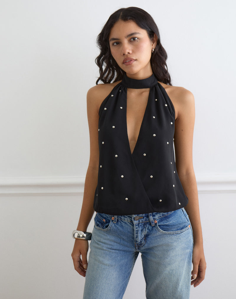 Women's Chiffon Halterneck Top in Black for Everyday Wear