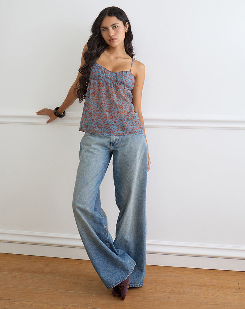 Women's Chiffon Cami Flowy Top with Sweetheart Neckline in Blue for Everyday Wear