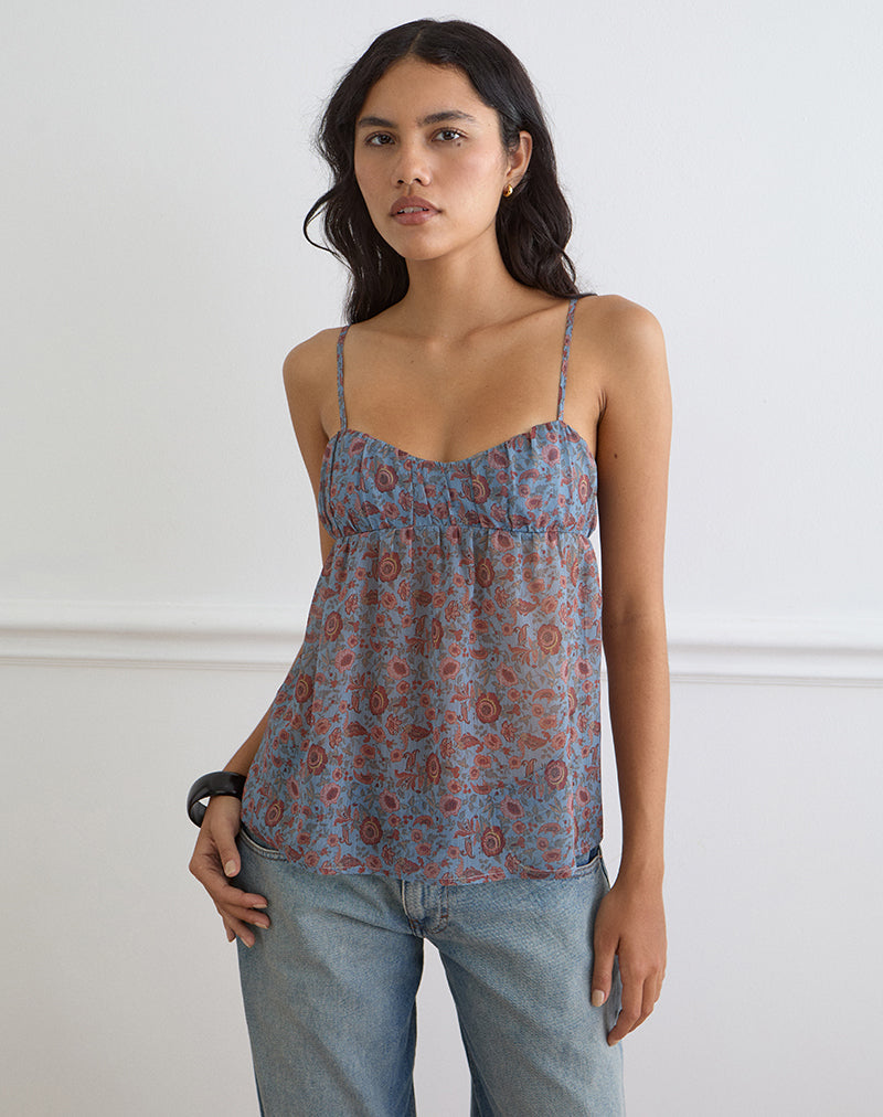 Women's Chiffon Cami Flowy Top with Sweetheart Neckline in Blue for Everyday Wear