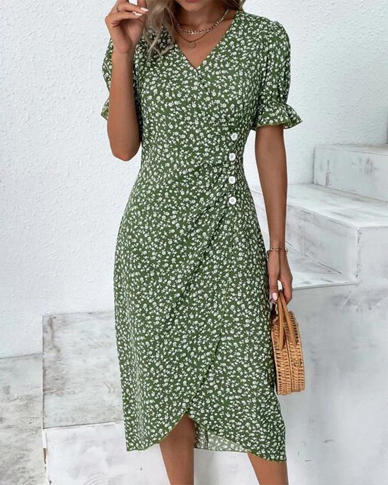 Women's Floral Flowy Midi Dress with V-Neckline in Floral for Date Night
