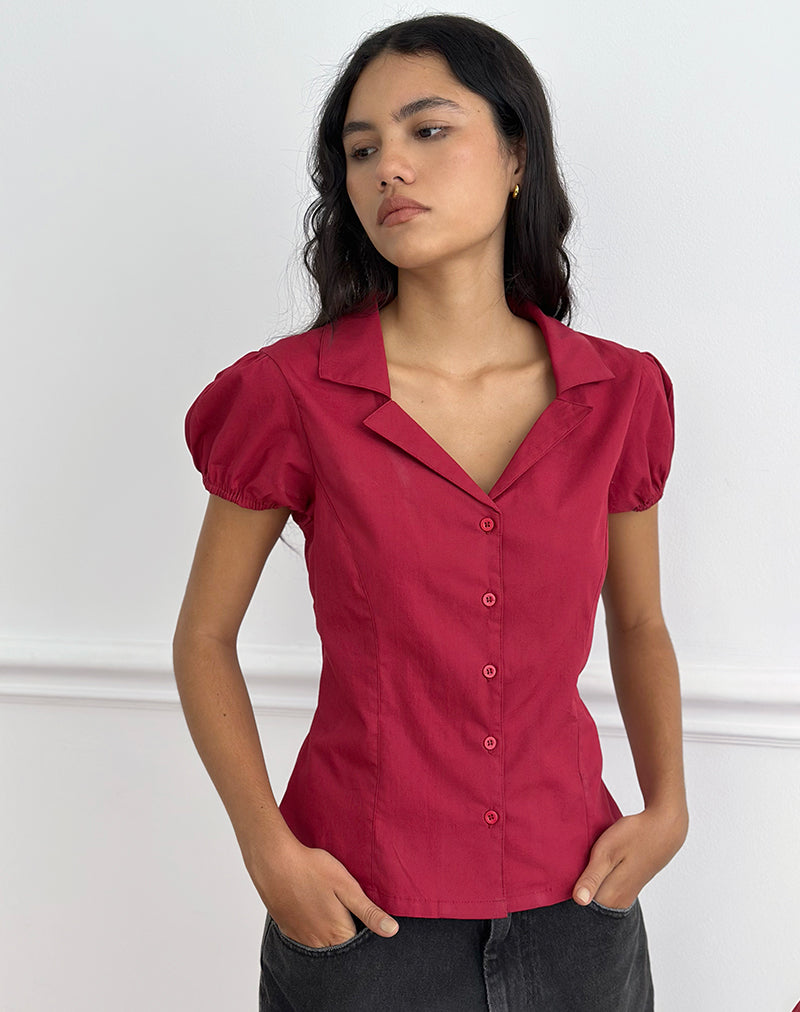 Women's Button-Up Blouse Fitted in Red for Everyday Wear
