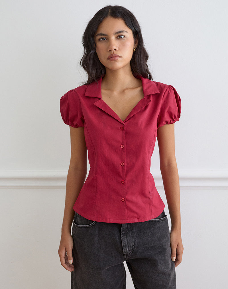Women's Button-Up Blouse Fitted in Red for Everyday Wear