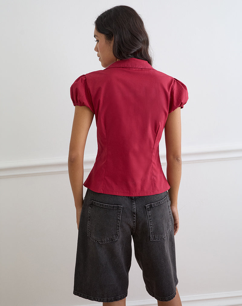 Women's Button-Up Blouse Fitted in Red for Everyday Wear