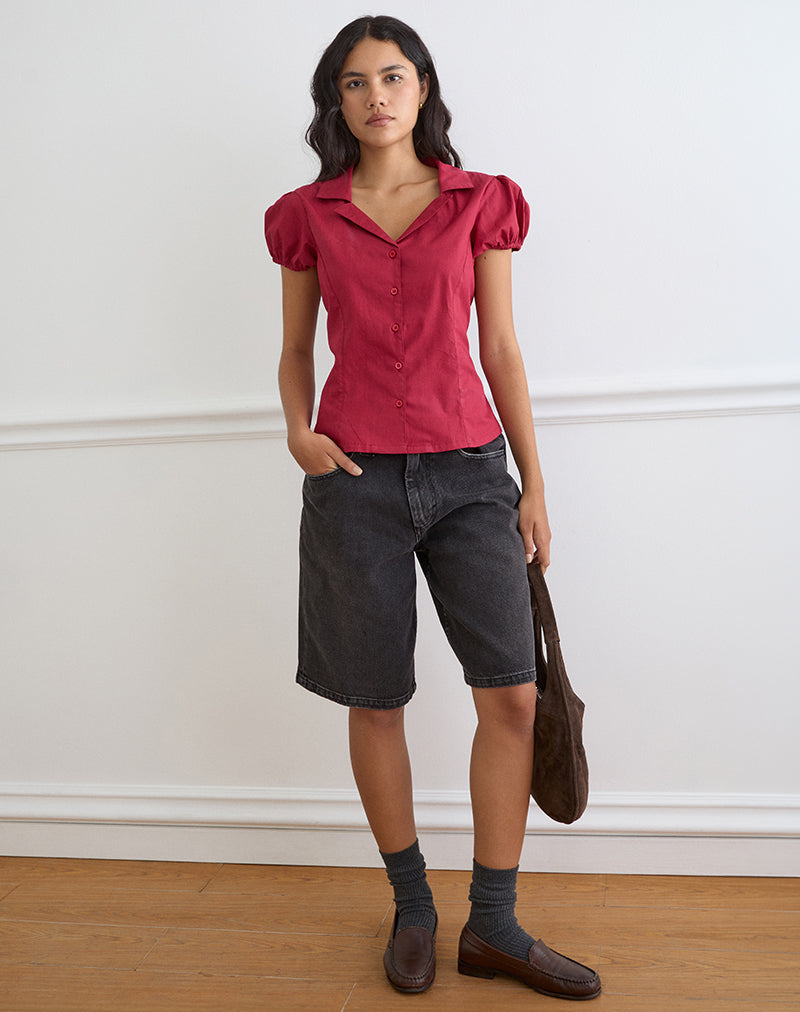 Women's Button-Up Blouse Fitted in Red for Everyday Wear