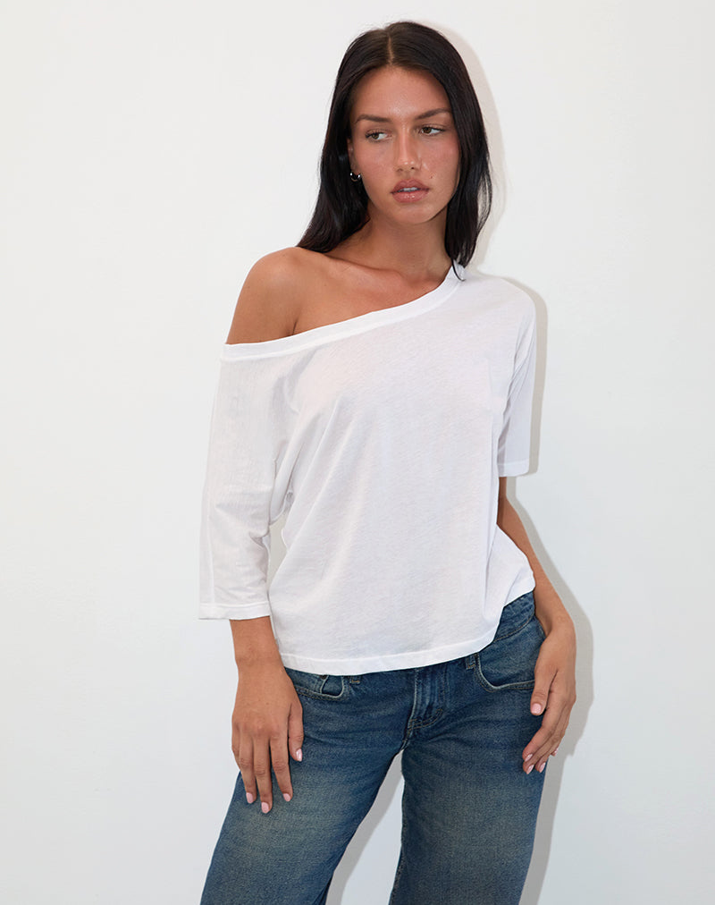 Women's Cotton Asymmetric Top with Off-Shoulder in White for Everyday Wear