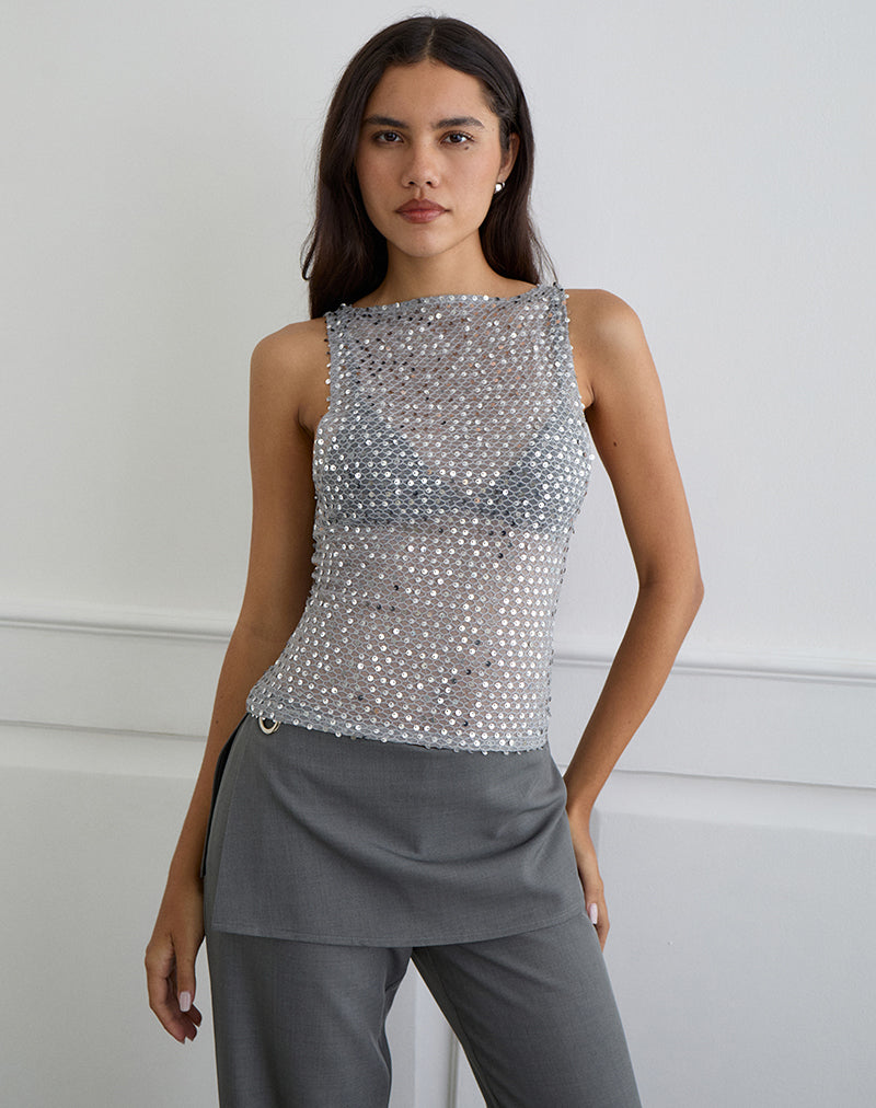 Women's Knit Sleeveless Vest Top with Crew Neckline in Silver for Everyday Wear