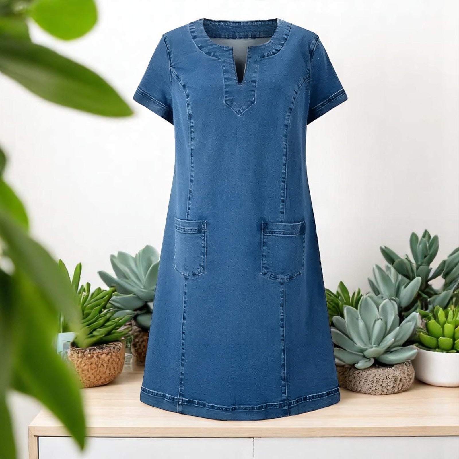 Women's Denim Shift Midi Dress for Date Night