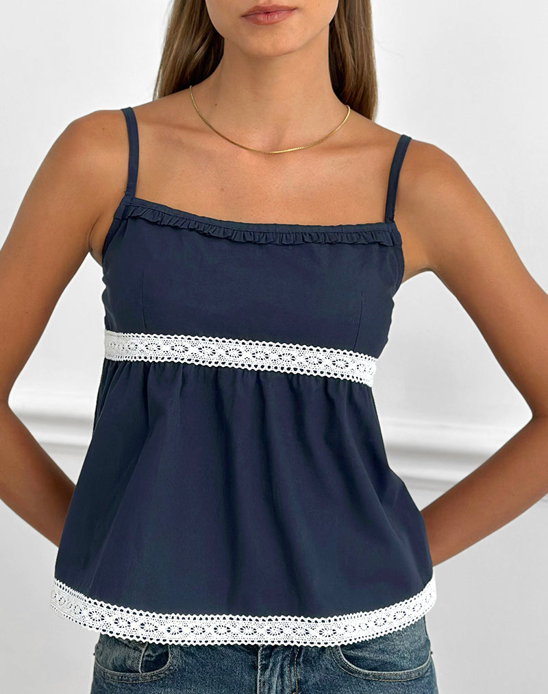 Women's Lace Cami Top with Square Neckline in Navy for Everyday Wear