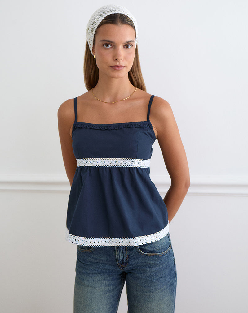 Women's Lace Cami Top with Square Neckline in Navy for Everyday Wear