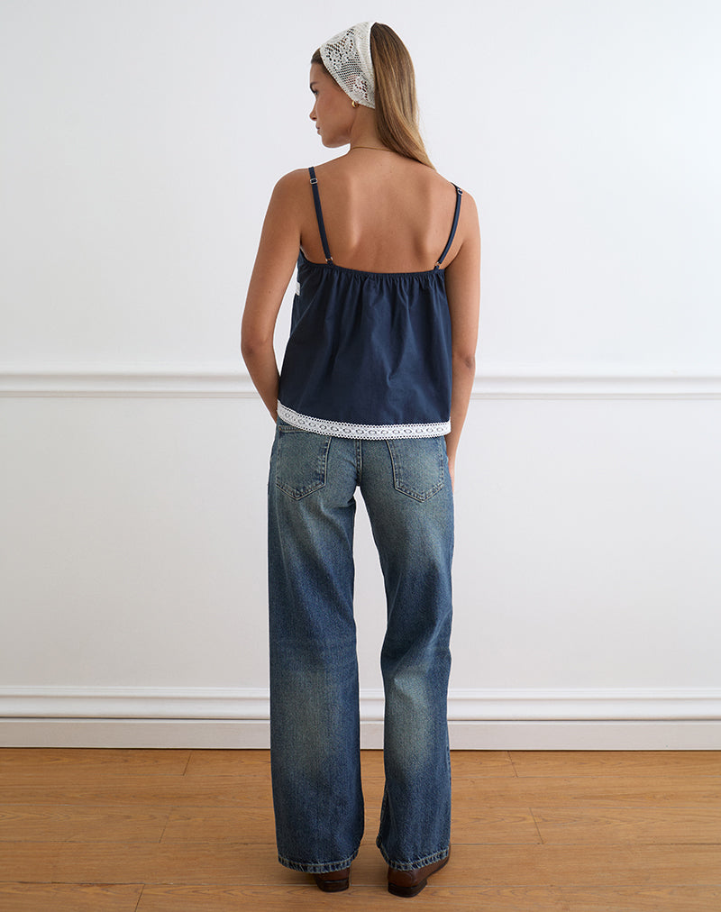 Women's Lace Cami Top with Square Neckline in Navy for Everyday Wear