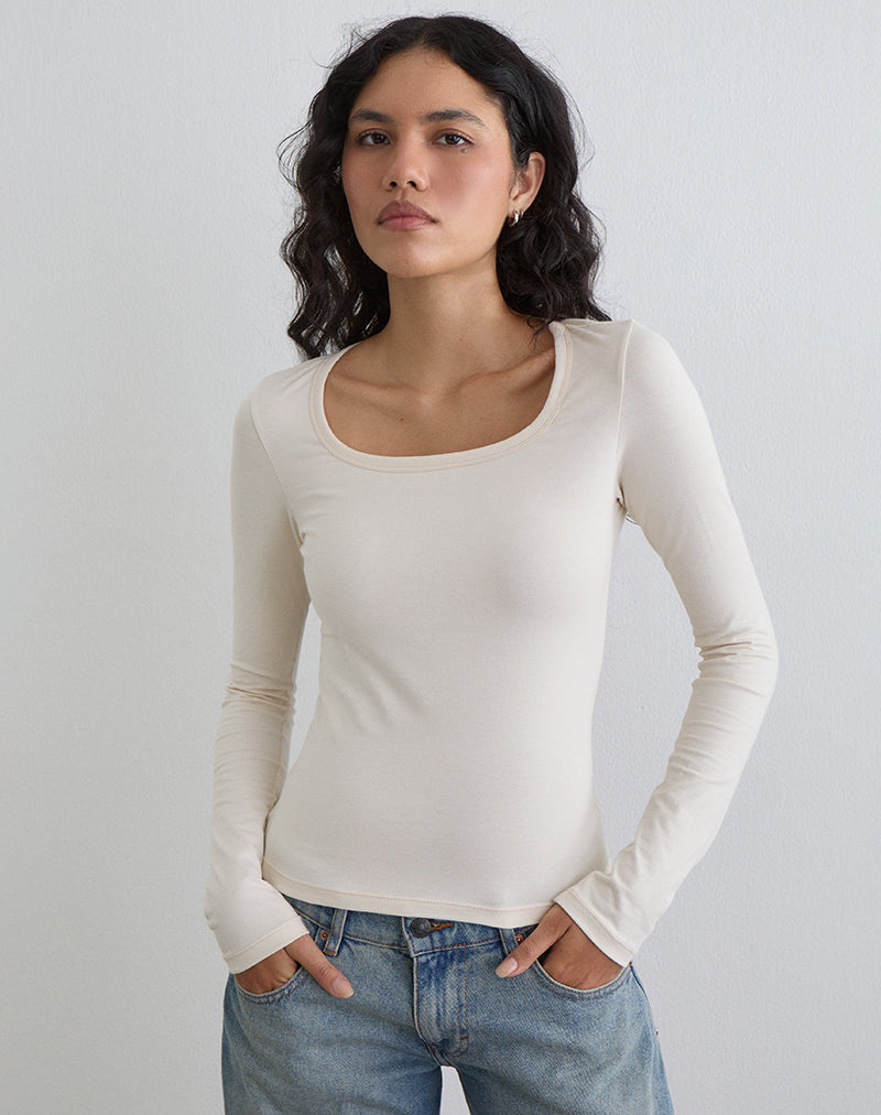 Women's Cotton Long Sleeve Bodycon Top with Scoop Neckline for Everyday Wear