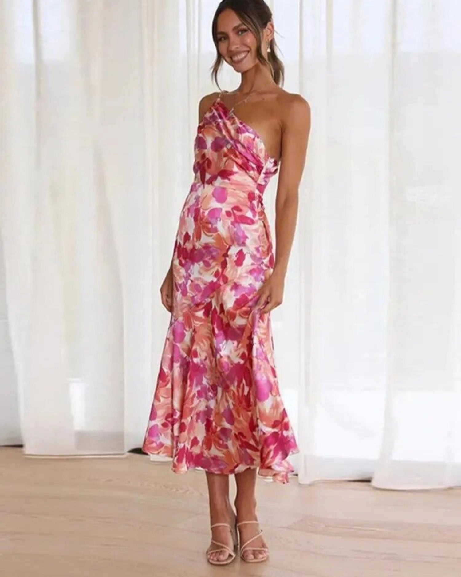Women's Floral Maxi Dress with Asymmetric Neckline in Floral for Date Night