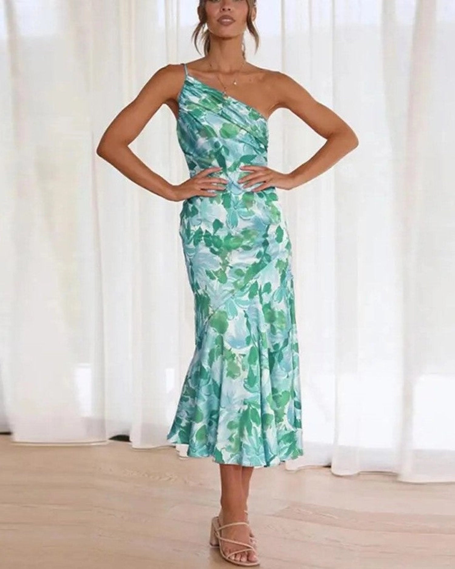 Women's Floral Maxi Dress with Asymmetric Neckline in Floral for Date Night