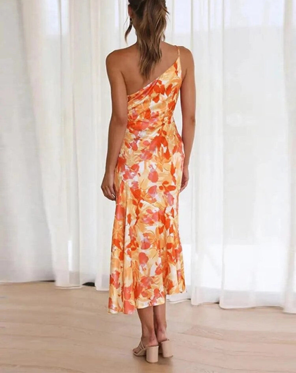 Women's Floral Maxi Dress with Asymmetric Neckline in Floral for Date Night