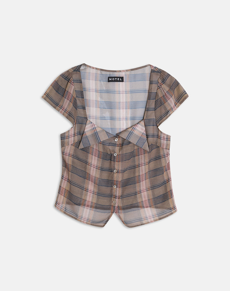 Women's Chiffon Button-Up Blouse with Square Neckline in Brown for Everyday Wear