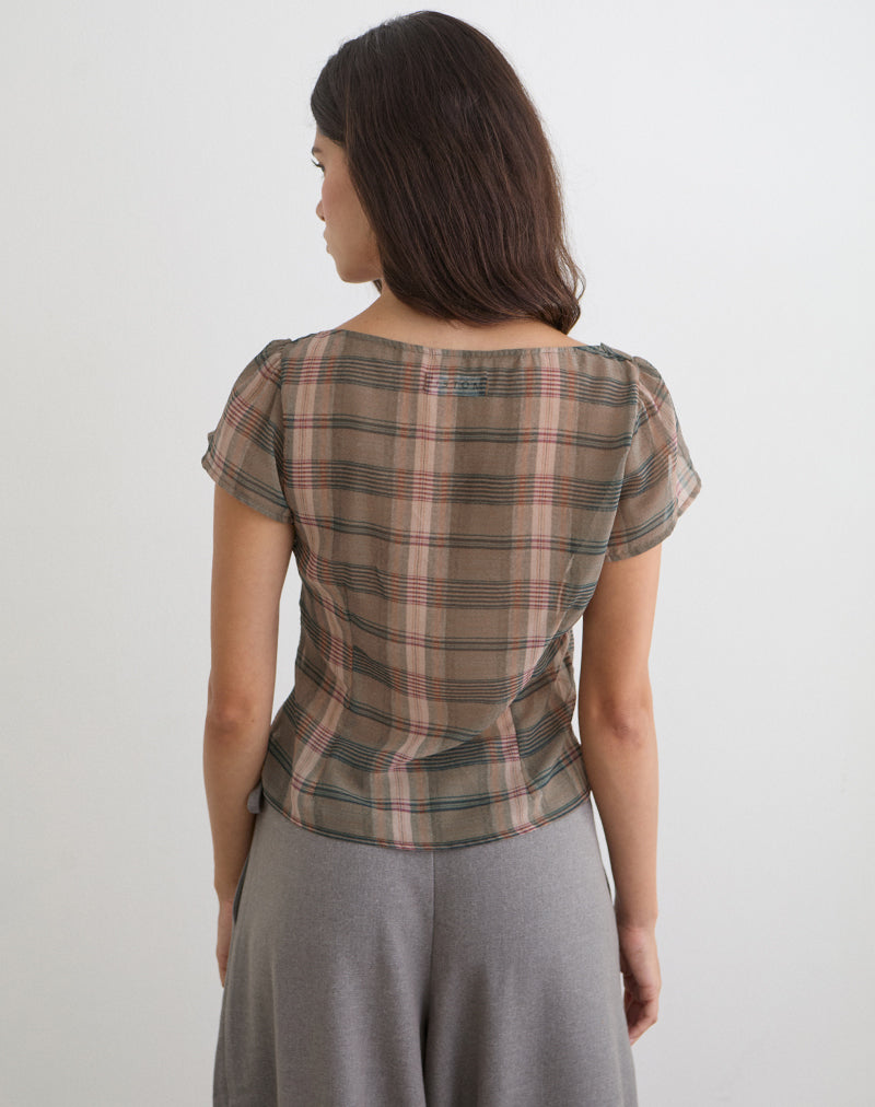 Women's Chiffon Button-Up Blouse with Square Neckline in Brown for Everyday Wear