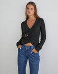 Women's Knit Long Sleeve Top with V-Neckline in Black for Everyday Wear