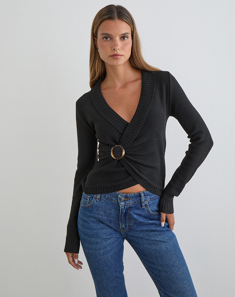 Women's Knit Long Sleeve Top with V-Neckline in Black for Everyday Wear