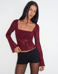 Women's Flock Fabric Long Sleeve Top with Square Neckline in Wine for Everyday Wear