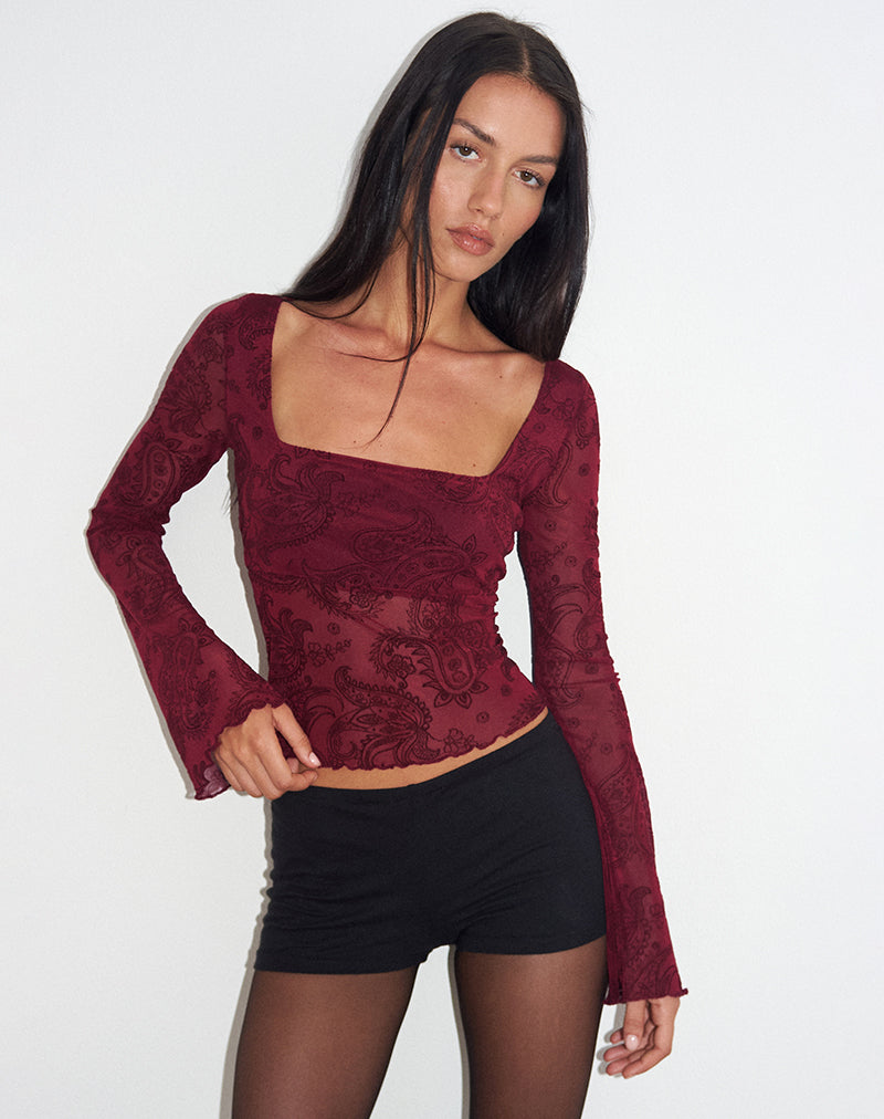 Women's Flock Fabric Long Sleeve Top with Square Neckline in Wine for Everyday Wear