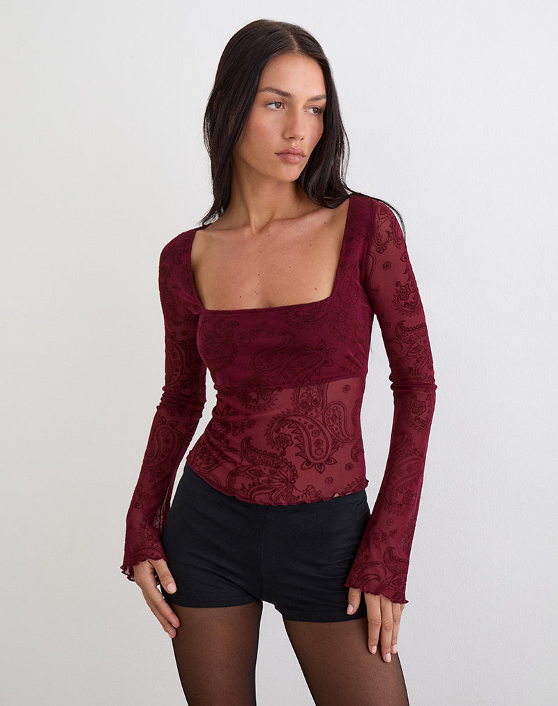 Women's Flock Fabric Long Sleeve Top with Square Neckline in Wine for Everyday Wear