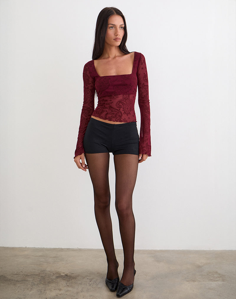 Women's Flock Fabric Long Sleeve Top with Square Neckline in Wine for Everyday Wear