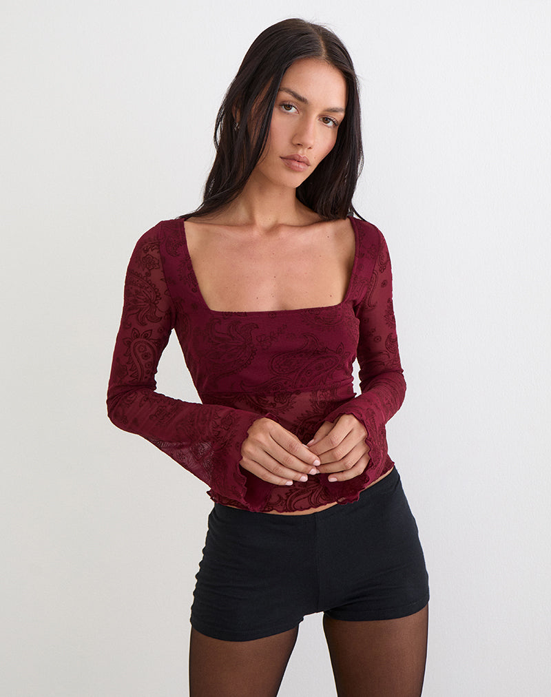 Women's Flock Fabric Long Sleeve Top with Square Neckline in Wine for Everyday Wear