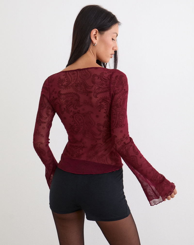 Women's Flock Fabric Long Sleeve Top with Square Neckline in Wine for Everyday Wear