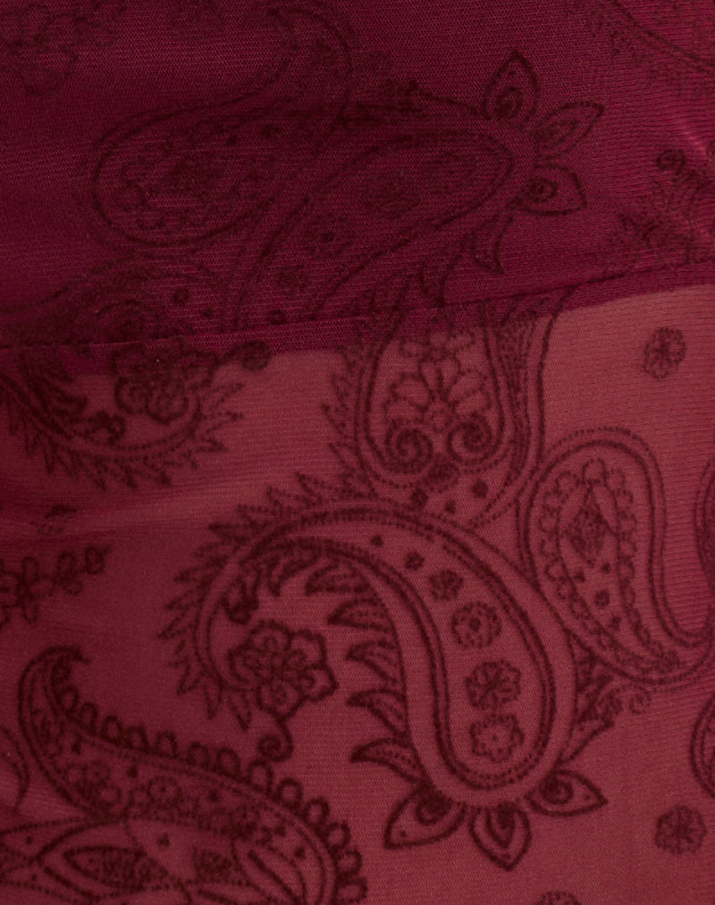 Women's Flock Fabric Long Sleeve Top with Square Neckline in Wine for Everyday Wear