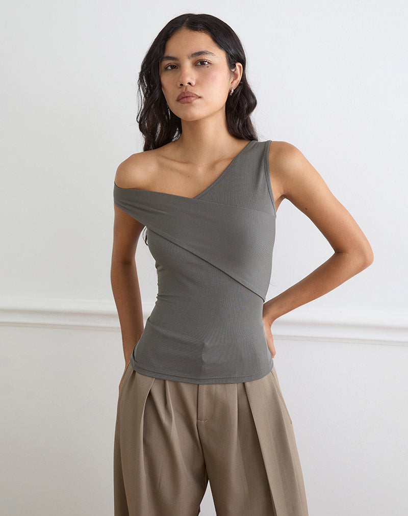 Women's Eco Lyocell Asymmetric Top with Off-Shoulder in Grey for Everyday Wear