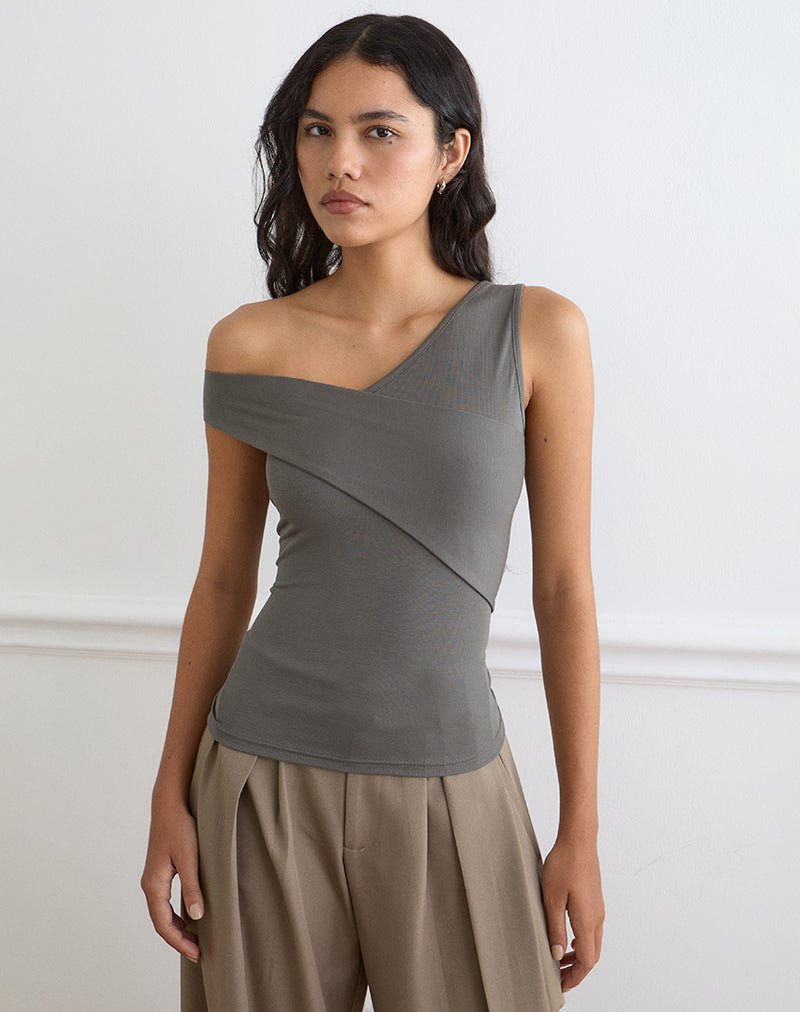 Women's Eco Lyocell Asymmetric Top with Off-Shoulder in Grey for Everyday Wear