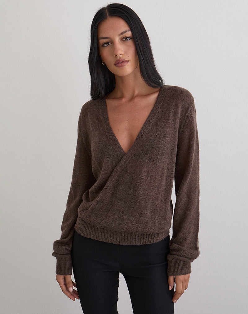 Women's Knit Long Sleeve Top with V-Neckline in Chocolate for Everyday Wear