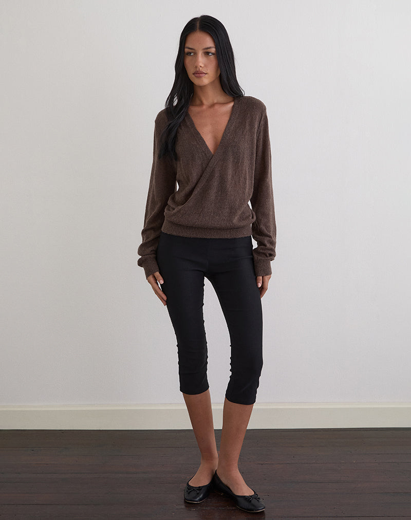 Women's Knit Long Sleeve Top with V-Neckline in Chocolate for Everyday Wear