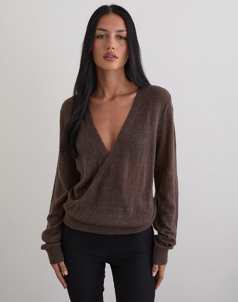 Women's Knit Long Sleeve Top with V-Neckline in Chocolate for Everyday Wear