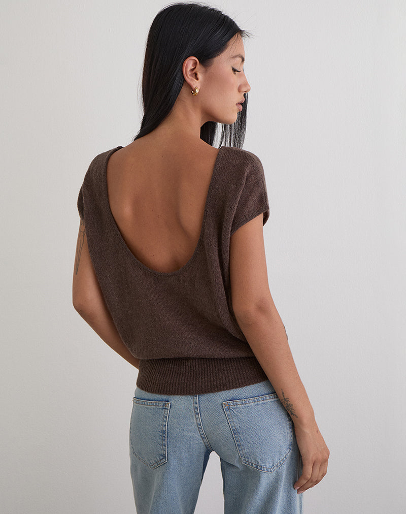 Women's Knit Fashion Relaxed Top with Scoop Neckline in Brown for Everyday Wear