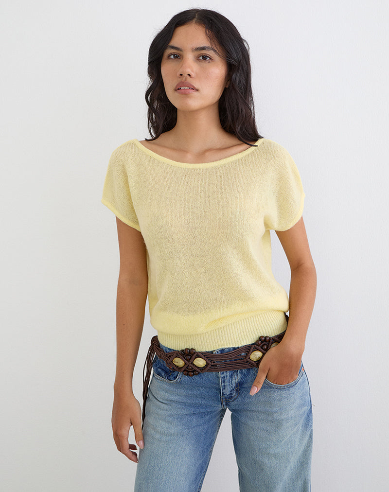 Women's Knit Fashion Relaxed Top with Scoop Neckline in Yellow for Everyday Wear