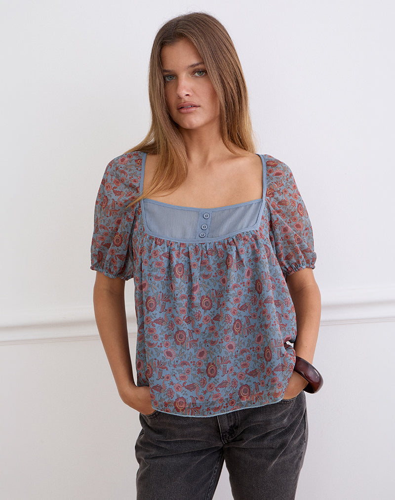 Women's Chiffon Fashion Top with Square Neckline in Blue for Everyday Wear