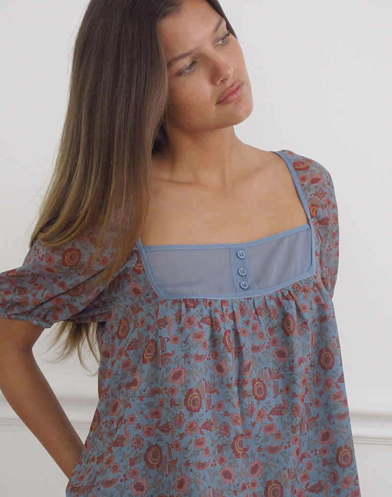 Women's Chiffon Fashion Top with Square Neckline in Blue for Everyday Wear