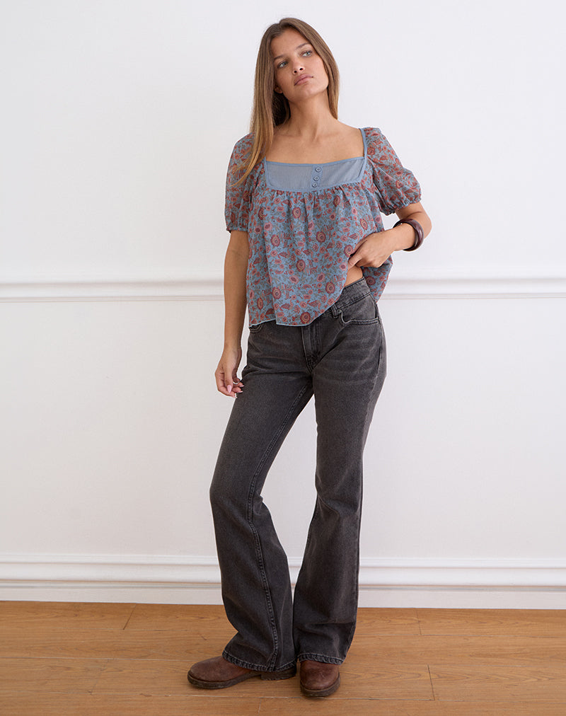 Women's Chiffon Fashion Top with Square Neckline in Blue for Everyday Wear