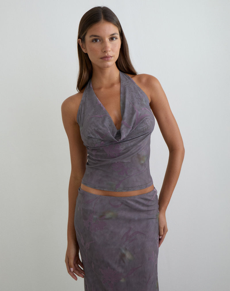 Women's Flock Fabric Shift Midi Dress with Cowl Neckline in Purple for Everyday Wear