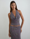 Women's Flock Fabric Shift Midi Dress with Cowl Neckline in Purple for Everyday Wear