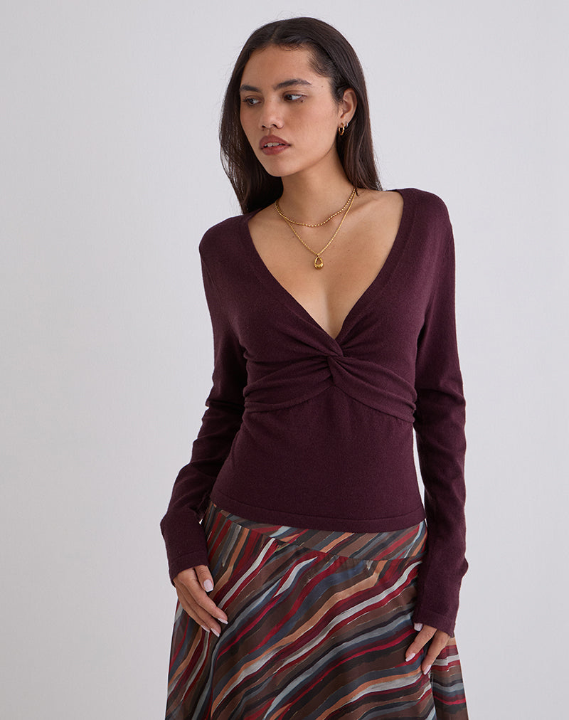 Women's Knit Shift Fitted Midi Dress with V-Neckline in Plum for Everyday Wear